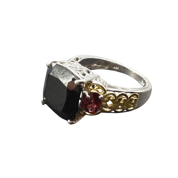 STS 925 Sterling Silver Black Stone Garnet Filigree Cocktail Ring 9 Gold Tone - Picture 1 of 7